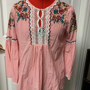 Zara Top Red/Striped Balloon Sleeve Floral Embroidered Boho